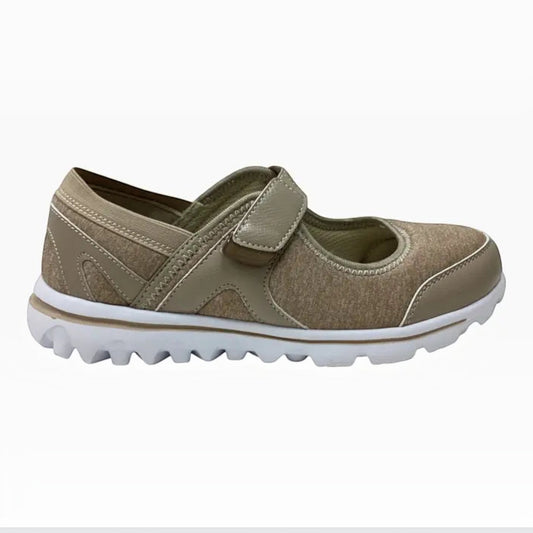 The Shoe Shop Propet Onalee beige textile Mary Jane shoe with velcro strap and white cushioned lug sole