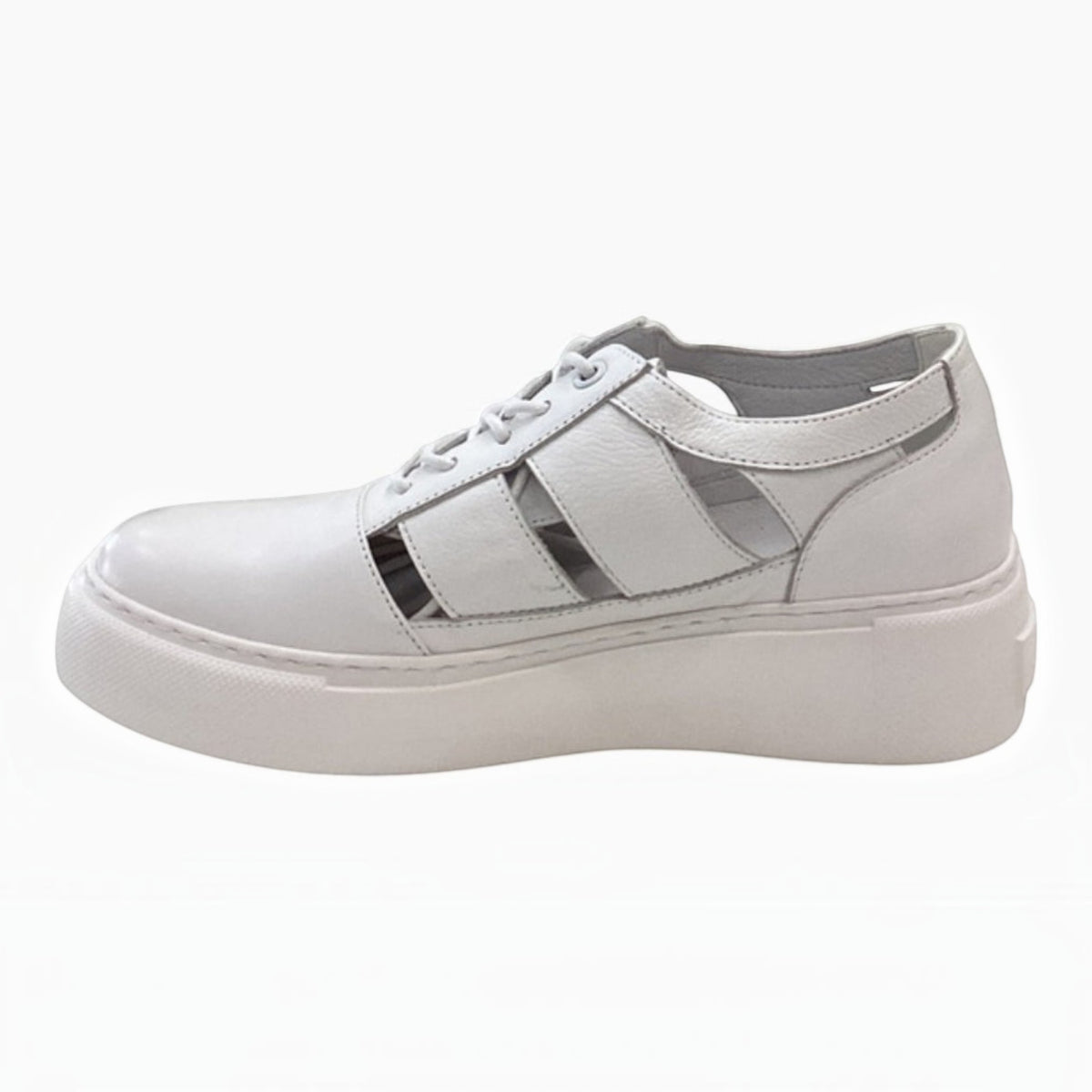 The Shoe Shop Rabid white lace-up sneaker with a platform sole and stylish side cut-out detailing.