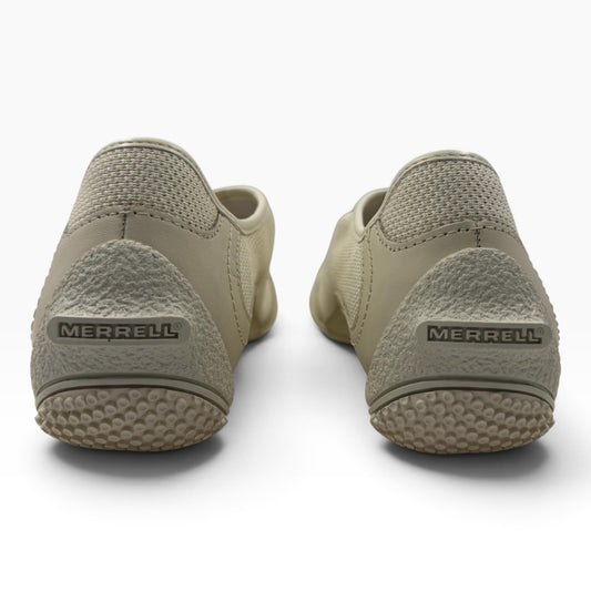 The Shoe Shop Relay Fly Zip sneakers in stucco beige, showing the textured heel and Merrell branding from the back.