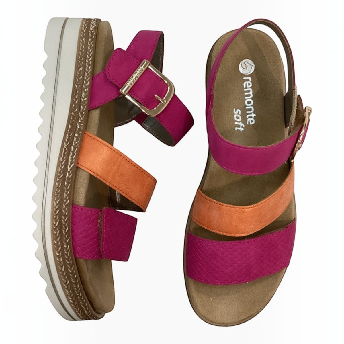 The Shoe Shop Remonte Sasha platform sandals in pink and orange vegan suede with gold-tone buckle and adjustable straps