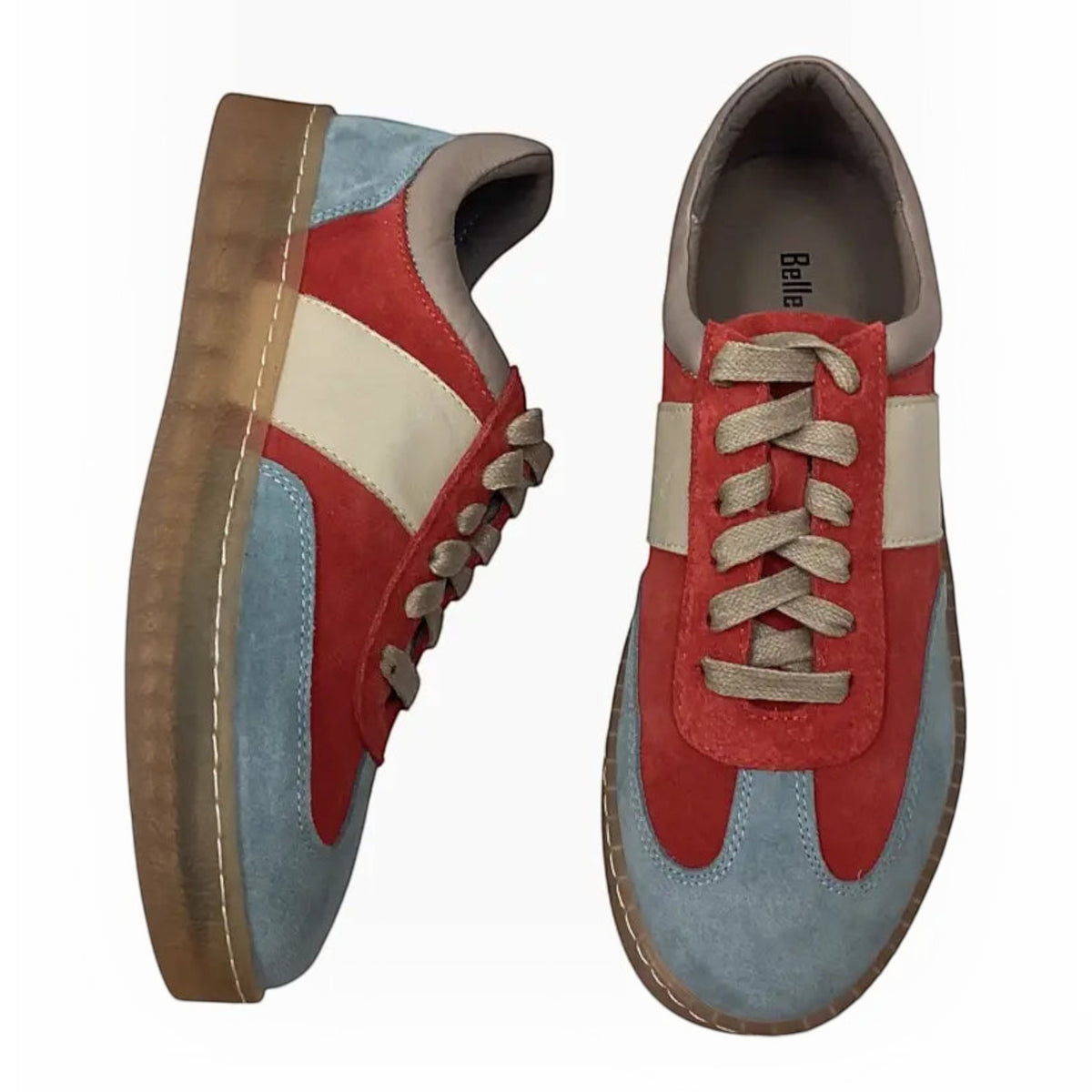 The Shoe Shop Reomee retro-inspired sneaker in colour-blocked red, blue, and cream suede with a gum rubber sole.