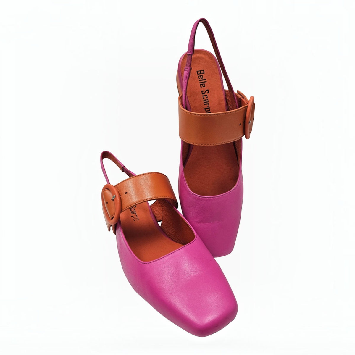 The Shoe Shop Rescue slingback heels in pink leather with a tan strap, large buckle, and modern square toe design.