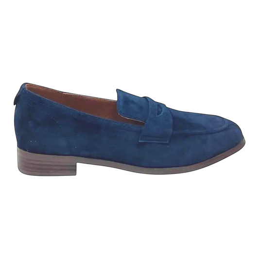 The Shoe Shop Rika navy blue suede loafer with a low stacked heel and classic stitched detailing