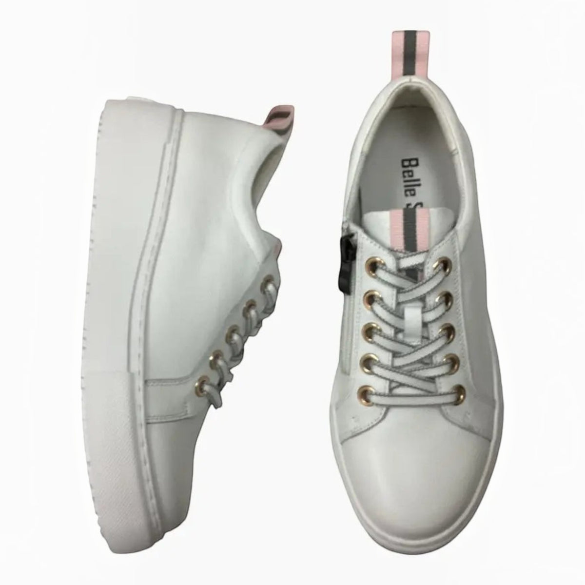 The Shoe Shop Belle Scarpe Romney white leather sneakers with side zip, striped laces, and oversized eyelets.