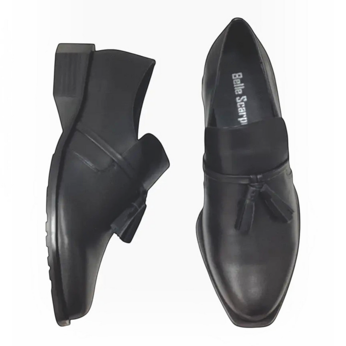 The Shoe Shop Belle Scarpe Rowen black leather tassel loafers with a low stacked heel shown from side and top views.