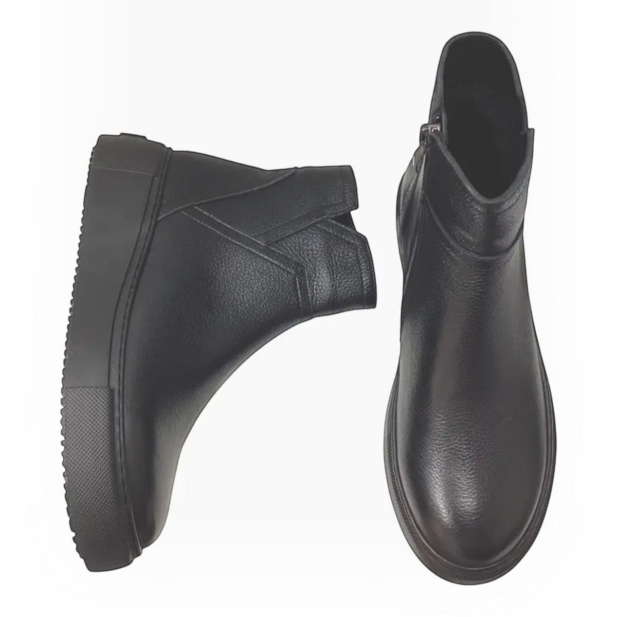 The Shoe Shop Belle Scarpe Roxie black leather ankle boots with a 4cm platform sole and side zip closure.