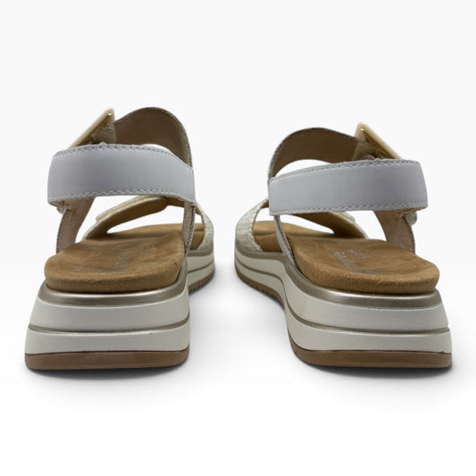 The Shoe Shop SamD1J white platform sandals with adjustable heel straps and cushioned tan insoles, rear view.