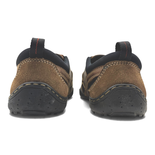 The Shoe Shop Sentry brown oiled leather casual shoes showing the durable black polyurethane heel and back view.