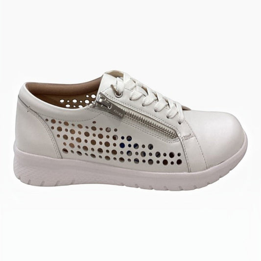 The Shoe Shop Shovo white orthotic-friendly sneaker with side zipper, laser-cut detailing, and arch support footbed.