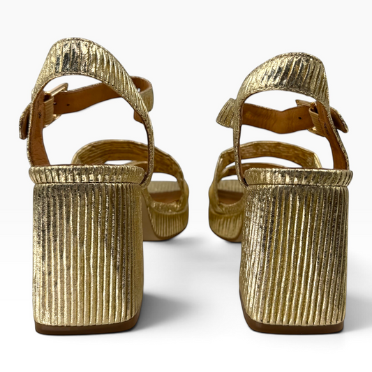 Back view of The Shoe Shop Silvia metallic gold pleated block heel sandals with adjustable ankle straps