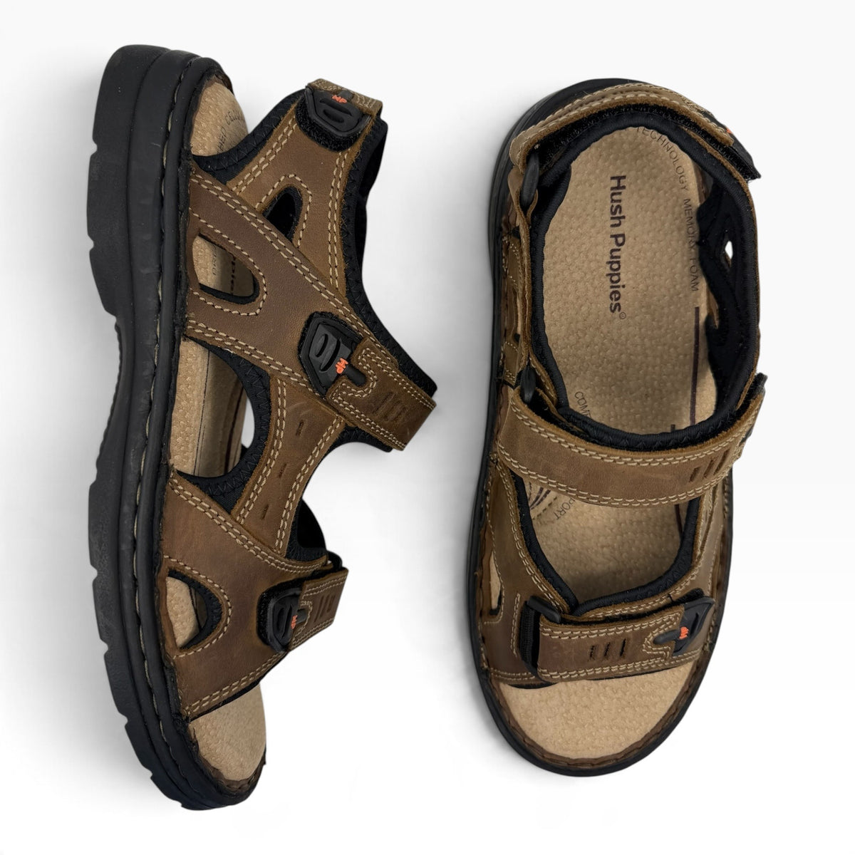 The Shoe Shop Simmer brown leather outdoor sandals with adjustable velcro straps and memory foam footbed