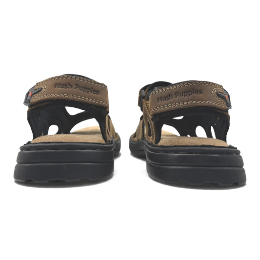 The Shoe Shop Simmer brown leather sandals with adjustable velcro straps and black rubber soles, rear view
