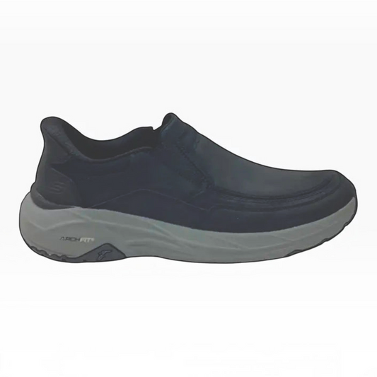 The Shoe Shop Skechers Arch Fit Maverick Redford black leather slip-on shoe with a grey cushioned rubber outsole.