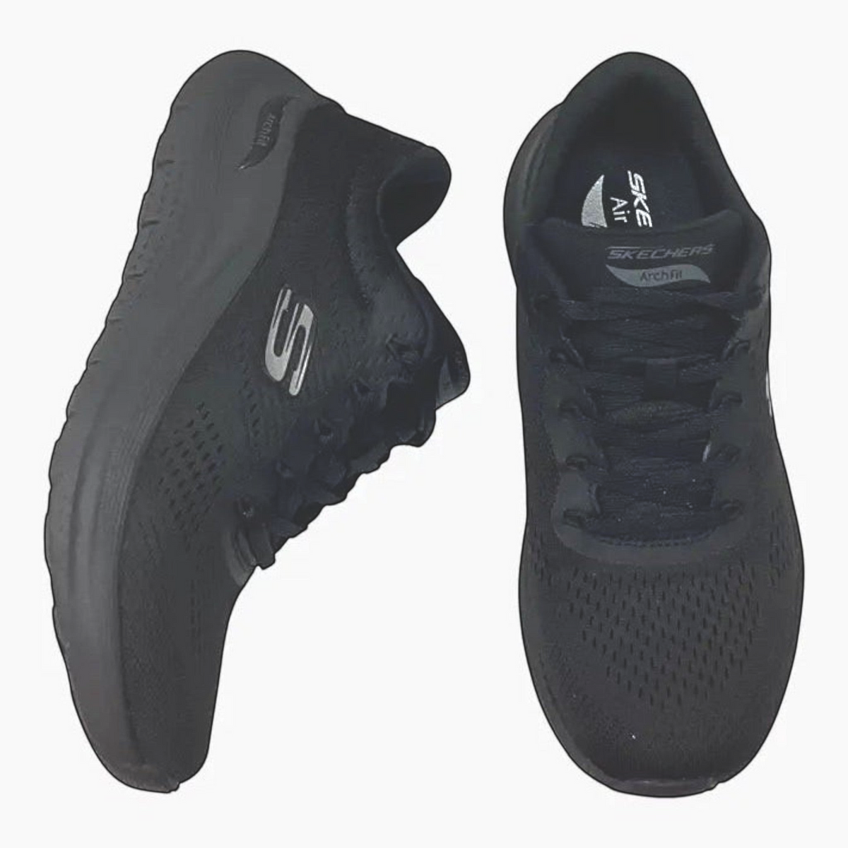 The Shoe Shop Skechers Arch Fit 2.0 Big League black vegan mesh sneakers with cushioned midsoles and lace-up design.