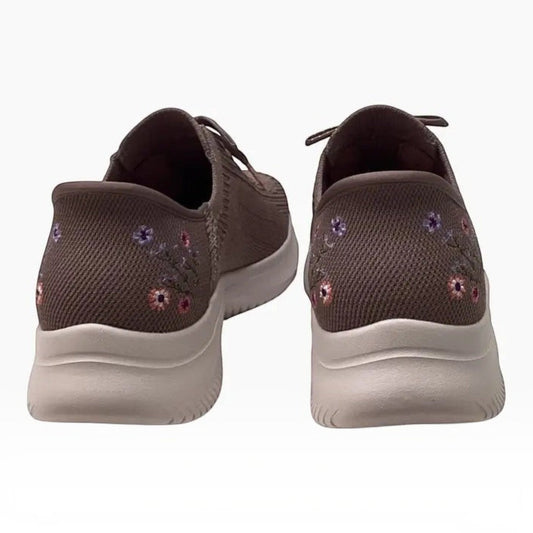 The Shoe Shop Skechers Ultra Flex 4.0 Sweet Petals slip-on sneakers in brown knit with floral embroidery and heel detail