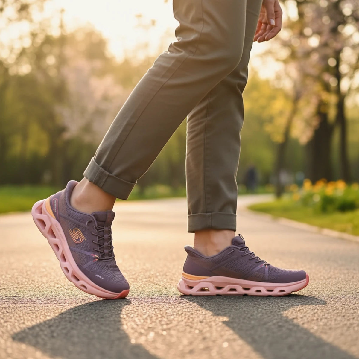 The Shoe Shop Skechers Glide Step Altus purple mesh slip-on sneakers with cushioned midsole worn on a park path.