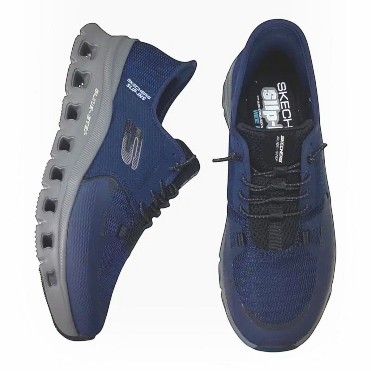The Shoe Shop Skechers Glide Step Pro wide fit navy blue mesh slip-in sneakers with grey cushioned midsoles.