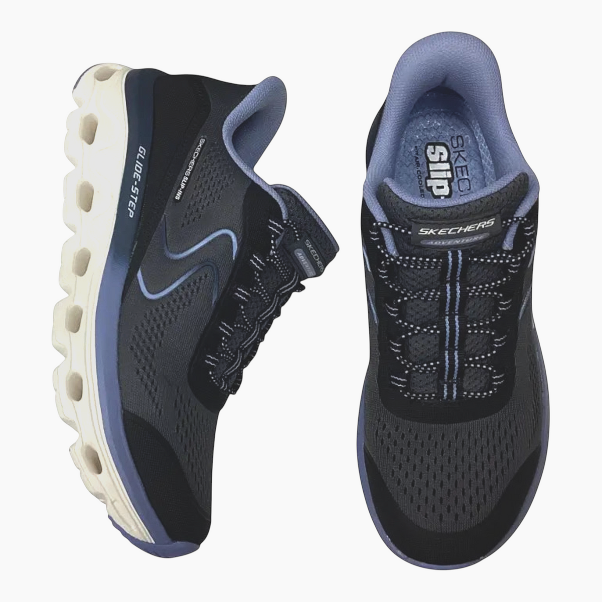 The Shoe Shop Skechers Glide-Step black and blue mesh slip-in sneakers with responsive EVA midsoles and lace-up detail.