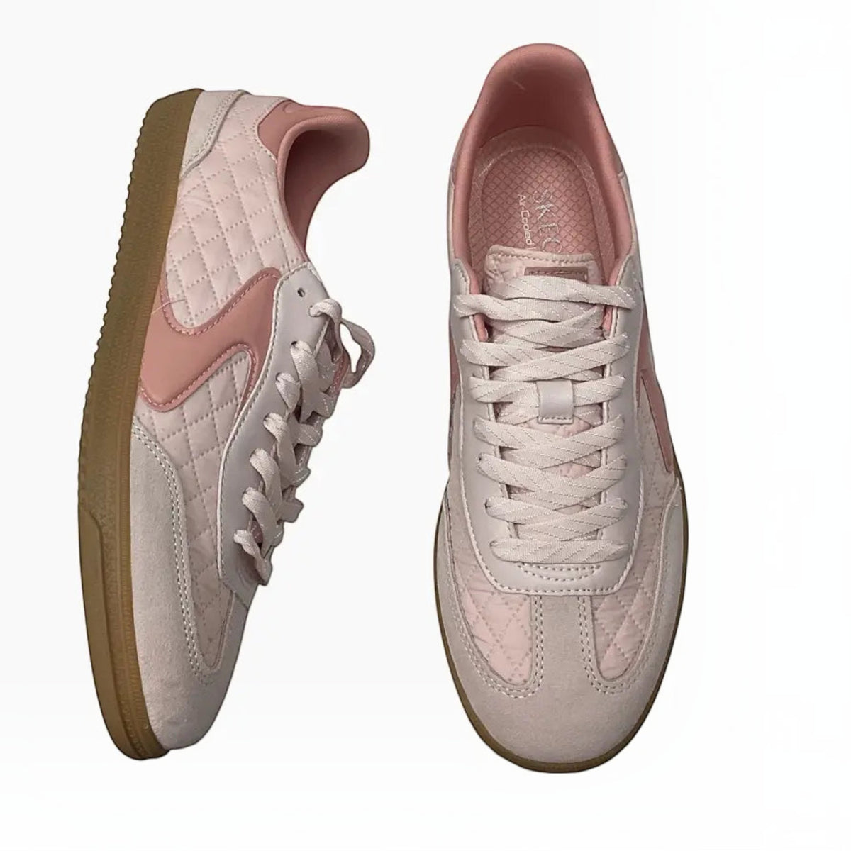 The Shoe Shop Skechers Hotshot pink quilted sneakers with suede overlays and gum rubber soles in side and top views