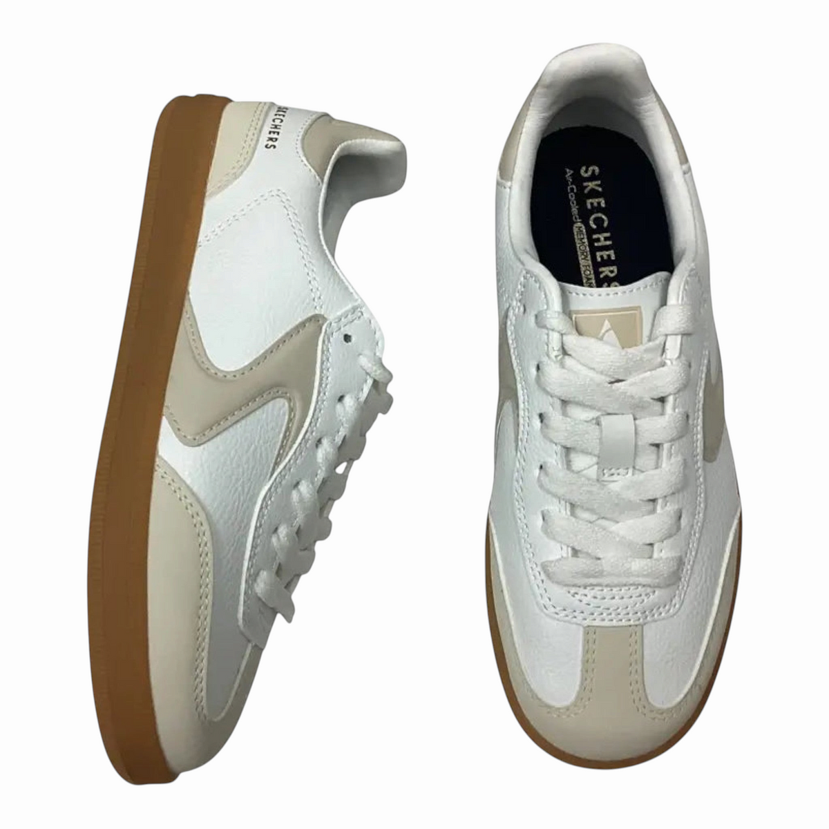 The Shoe Shop Skechers Hotshot Little Kickoff sneakers in white and beige with a gum rubber sole and lace-up design.
