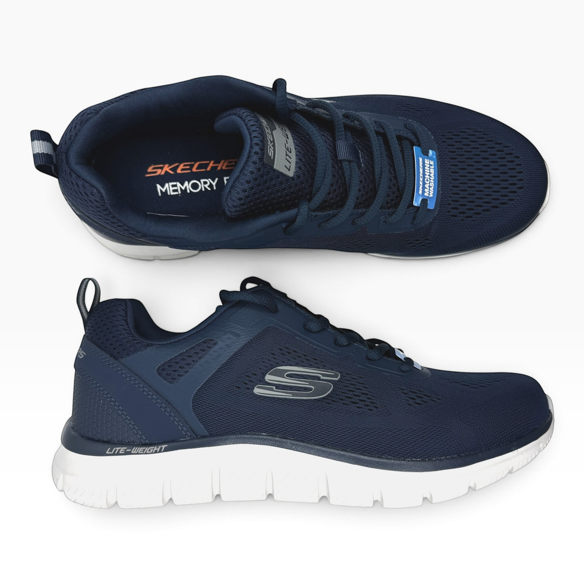 The Shoe Shop Skechers Track Broader navy blue mesh sneakers with white lightweight soles and memory foam insoles.