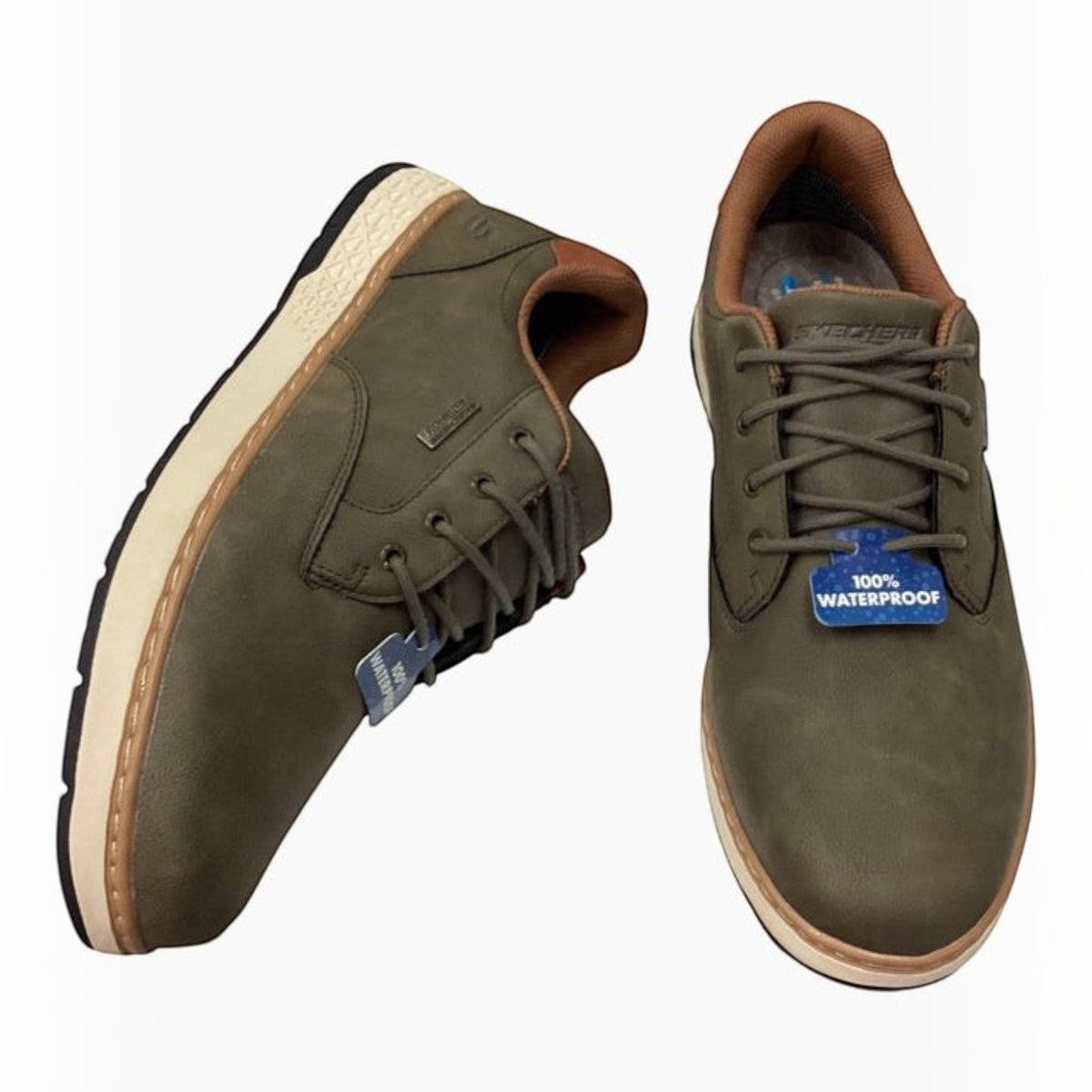 The Shoe Shop Skechers Garlan Pryor olive green waterproof vegan leather lace-up shoes with memory foam insoles.