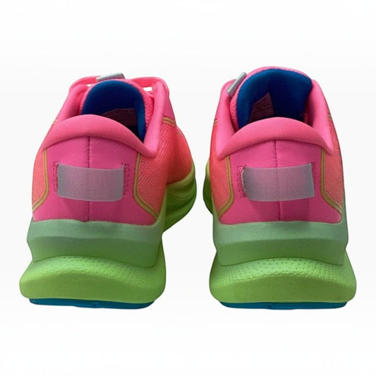 The Shoe Shop Skechers Max Cushioning Ascend Aura Speed sneakers in pink, lime green, and blue, rear view.