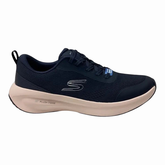 The Shoe Shop Skechers Plush Foam navy blue lace-up sneaker with a beige cushioned midsole and breathable mesh upper.