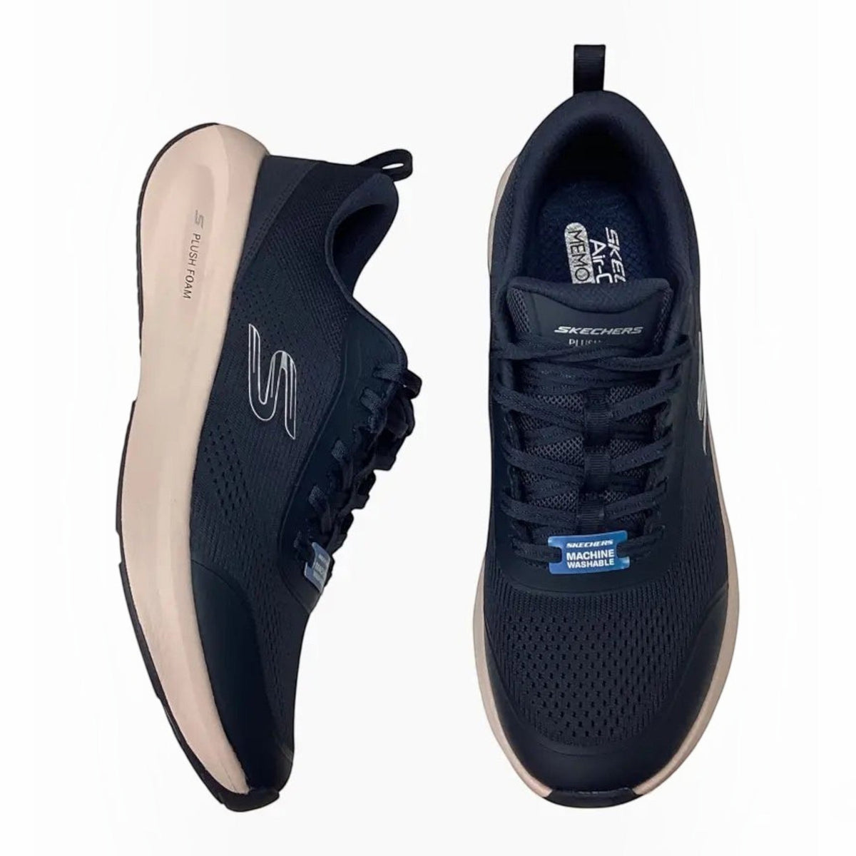 The Shoe Shop Skechers Plush Foam navy lace-up sneakers with breathable mesh upper and cushioned beige midsole.