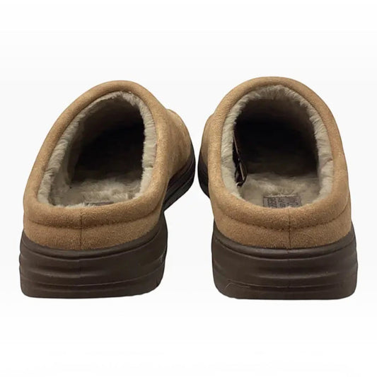 The Shoe Shop Skechers Murette Garvanza tan microfiber backless slippers with faux-fur lining and brown rubber soles.