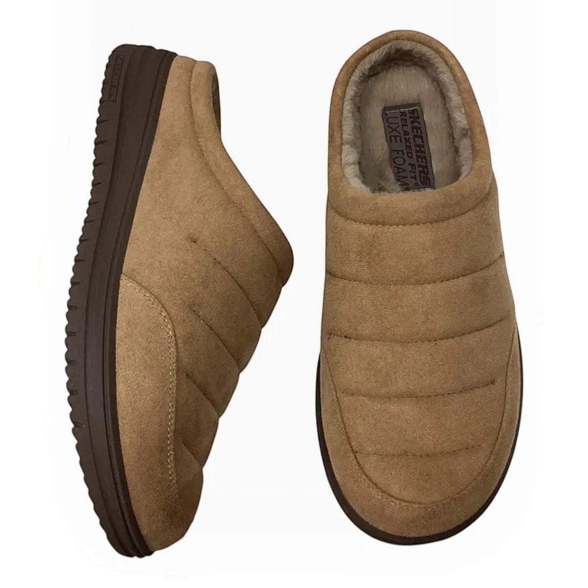 The Shoe Shop Skechers Murette Garvanza tan microfiber backless slippers with faux-fur lining and Luxe Foam footbed.