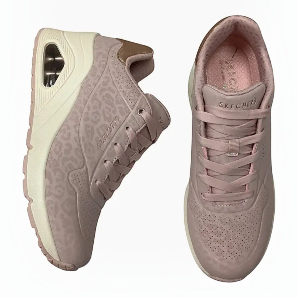 The Shoe Shop Skechers Uno Wedge Safari Daze sneakers in pink leopard print with metallic heel and air-cushioned sole