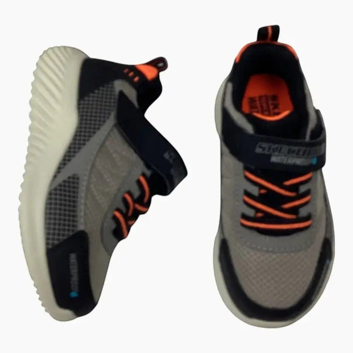 The Shoe Shop Skechers Bounder Venture Squad waterproof sneakers in grey and black with orange accents and strap.