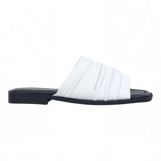 The Shoe Shop Slim white leather slide sandals with a ruched upper and a comfortable black cushioned footbed.