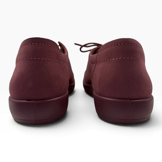 Rear view of The Shoe Shop Soft 2.0 shoes in dark red Nocturne suede with matching soles