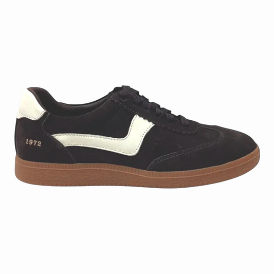 The Shoe Shop Staton sneaker in black suede with white side wave detail and a classic gum sole