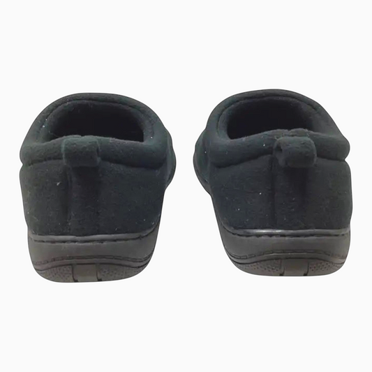 The Shoe Shop Suzie Slipper in black polar fleece with a slip-on design and cushioned sole, back view.
