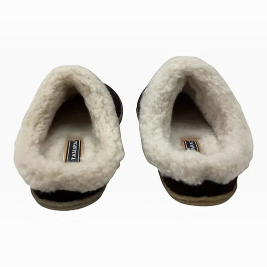 The Shoe Shop Tamarac Euro Clog Slippers in dark leather with plush white wool lining and durable crepe soles