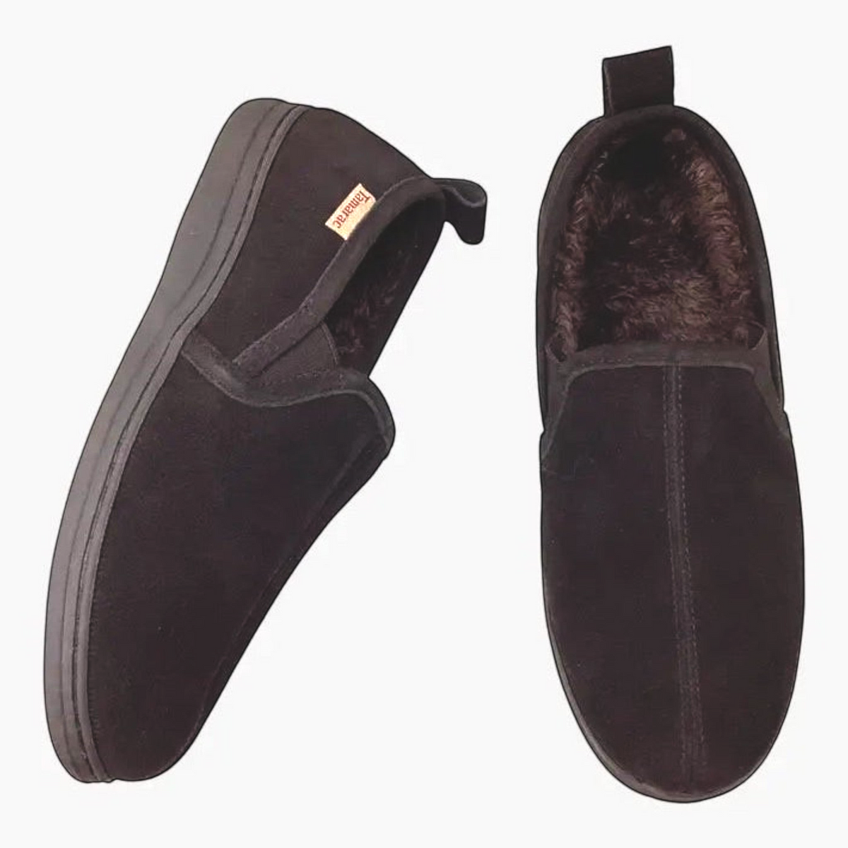 The Shoe Shop Tamarac Thomas mens rootbeer cow suede slippers with synthetic lining and durable rubber sole