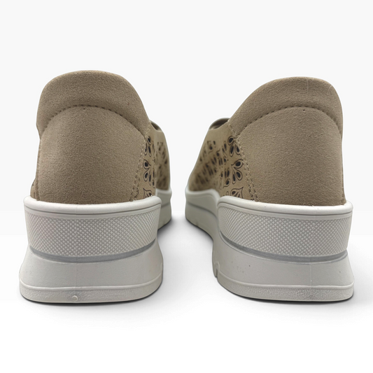 The Shoe Shop A40042 casual flats in taupe suede with laser-cut floral patterns and a thick white platform sole.