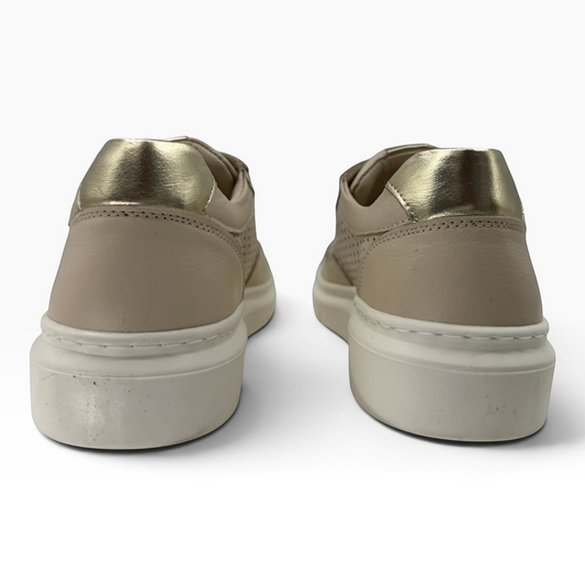 The Shoe Shop Taurus beige leather sneakers with metallic gold heel detail and white platform soles, back view.