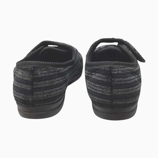 The Shoe Shop Grosby Thurston black striped slippers with adjustable velcro strap and durable rubber outsole