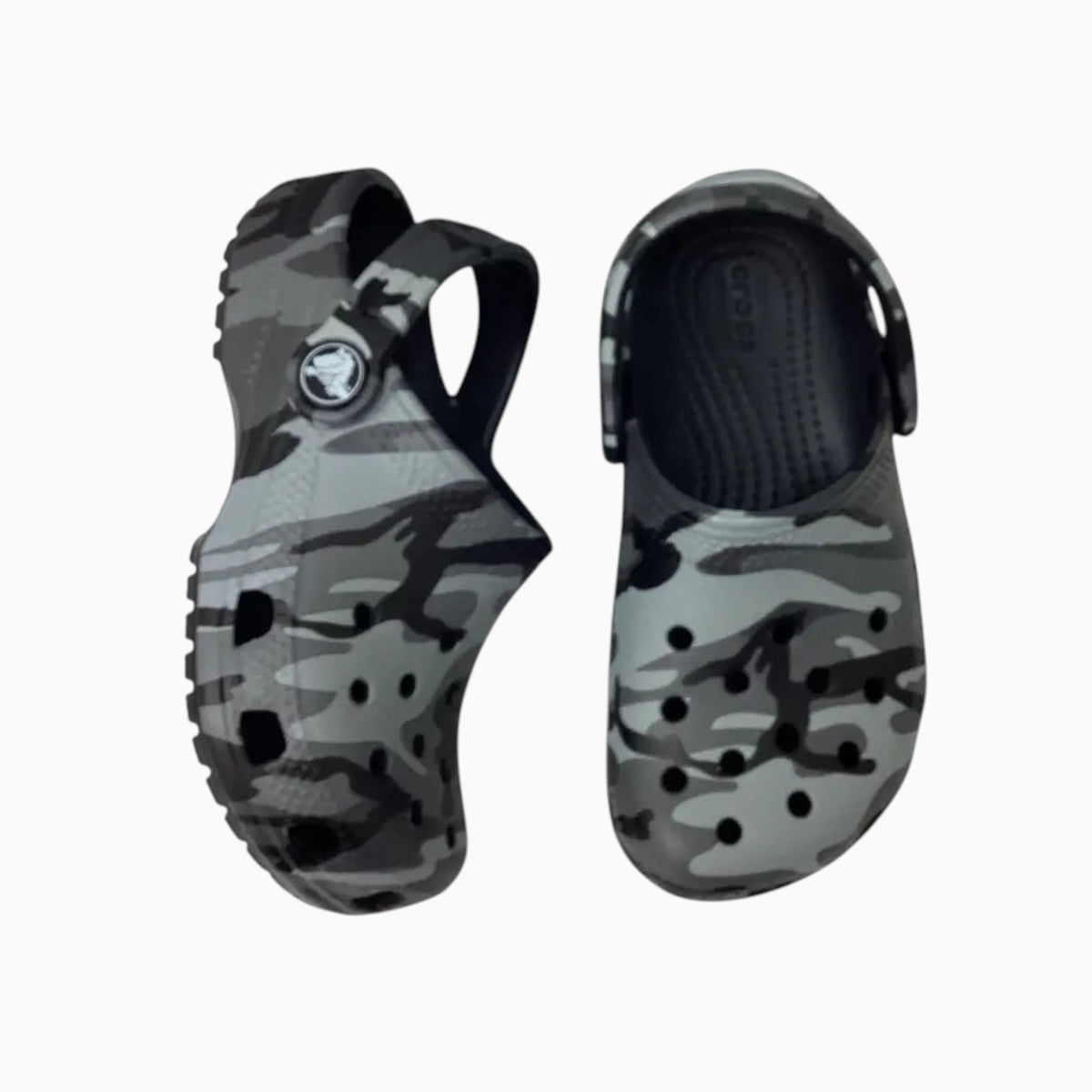 The Shoe Shop toddler classic clogs in a grey and black camo print with pivoting heel straps and ventilation ports.