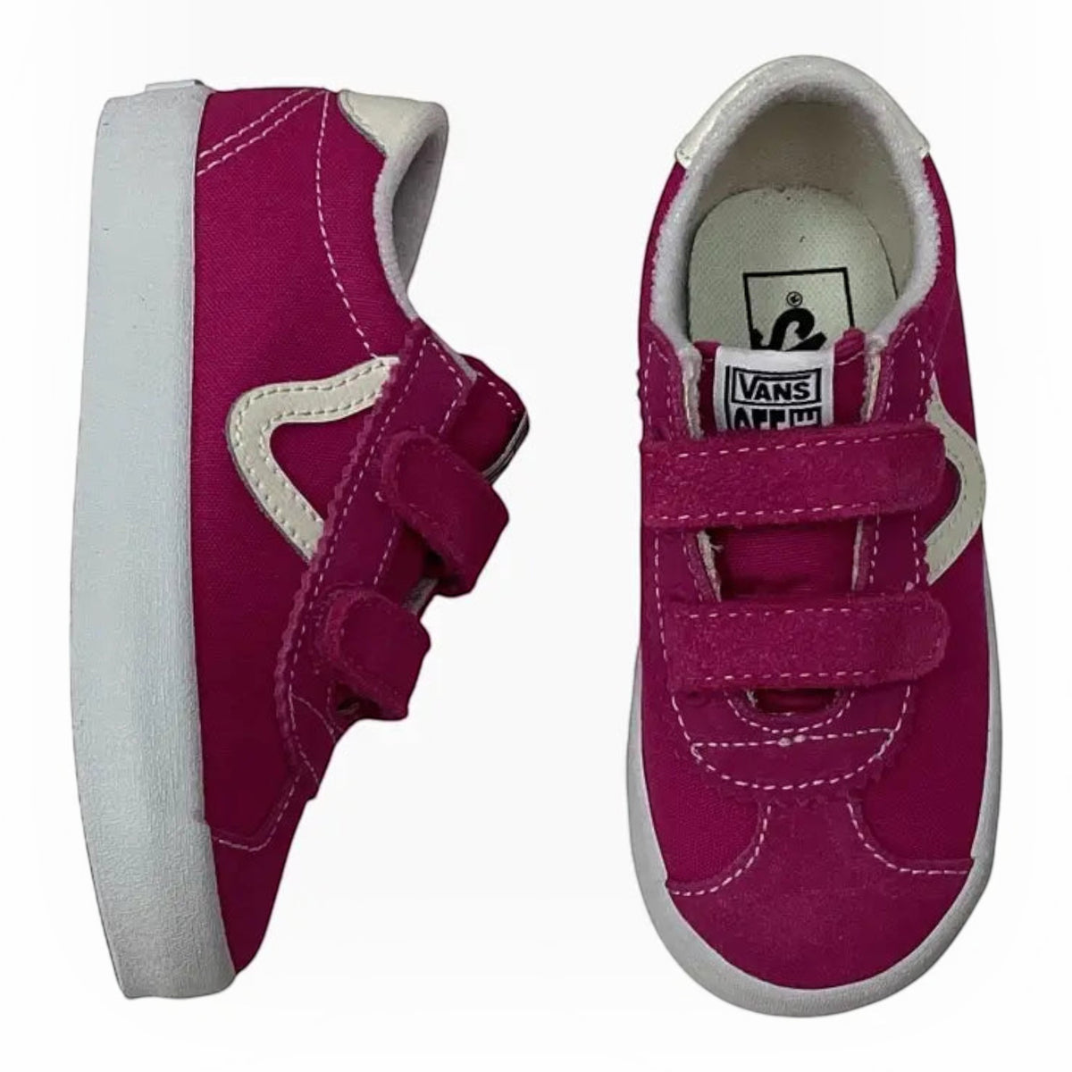 The Shoe Shop toddler Vans Sport Low V sneakers in fuchsia pink suede and canvas with white V sidestripe and velcro.