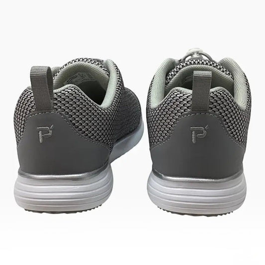 The Shoe Shop Travelfit Prestige D grey mesh walking shoes showing the firm heel counter and white EVA sole