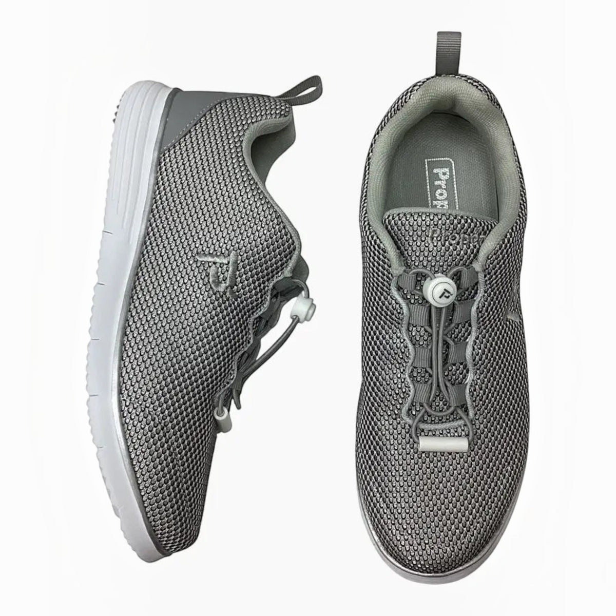 The Shoe Shop Travelfit Prestige D grey breathable mesh walking sneakers with elastic toggle laces and EVA sole.