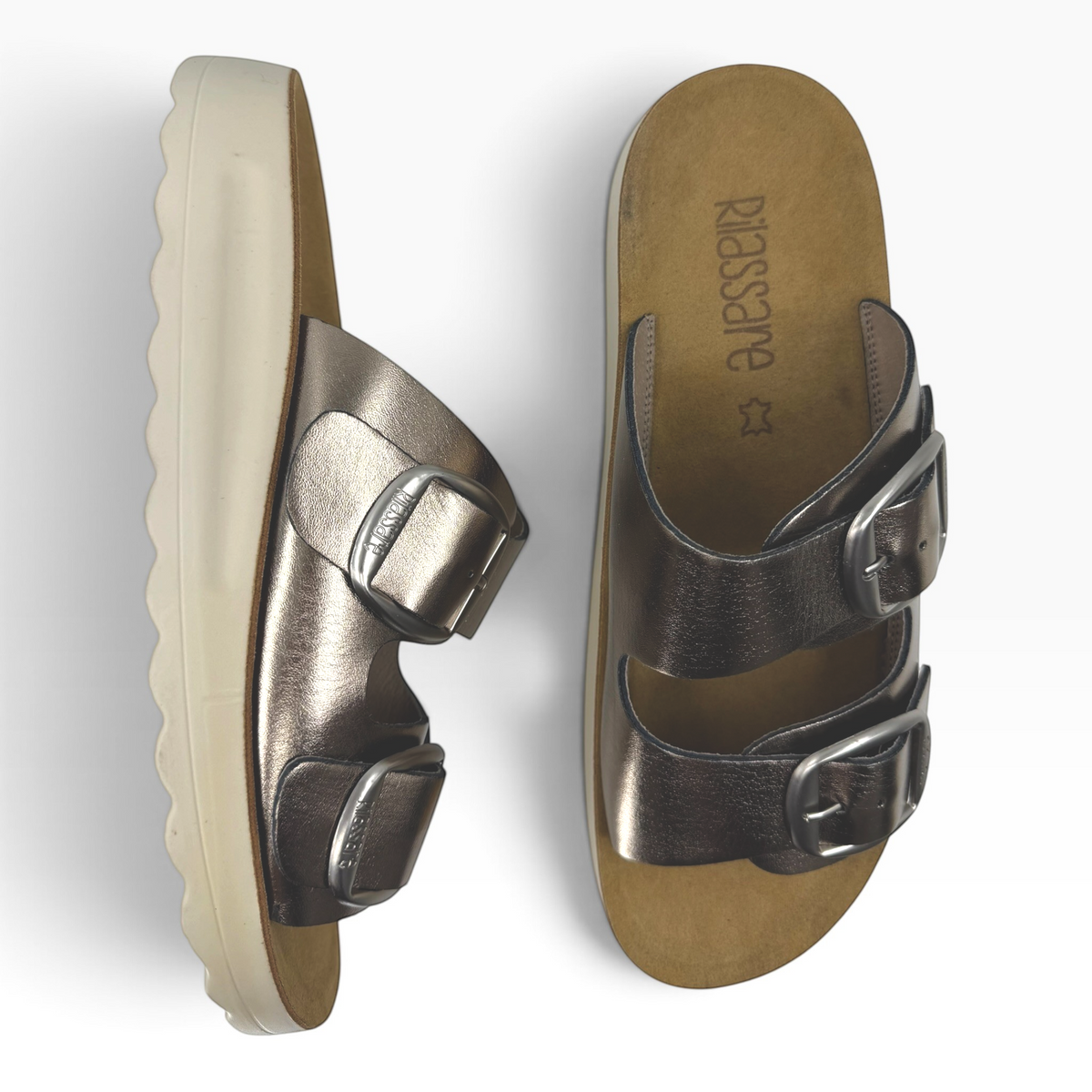 The Shoe Shop Trippie platino gold metallic leather double buckle sandals with a white platform sole