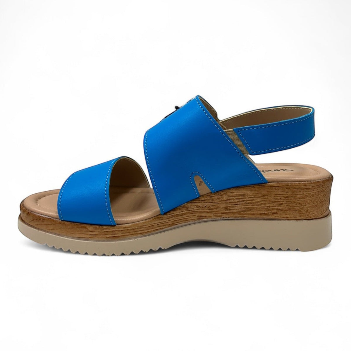 The Shoe Shop Turin blue wedge sandal with adjustable buckle strap and wood-look platform sole, side view.