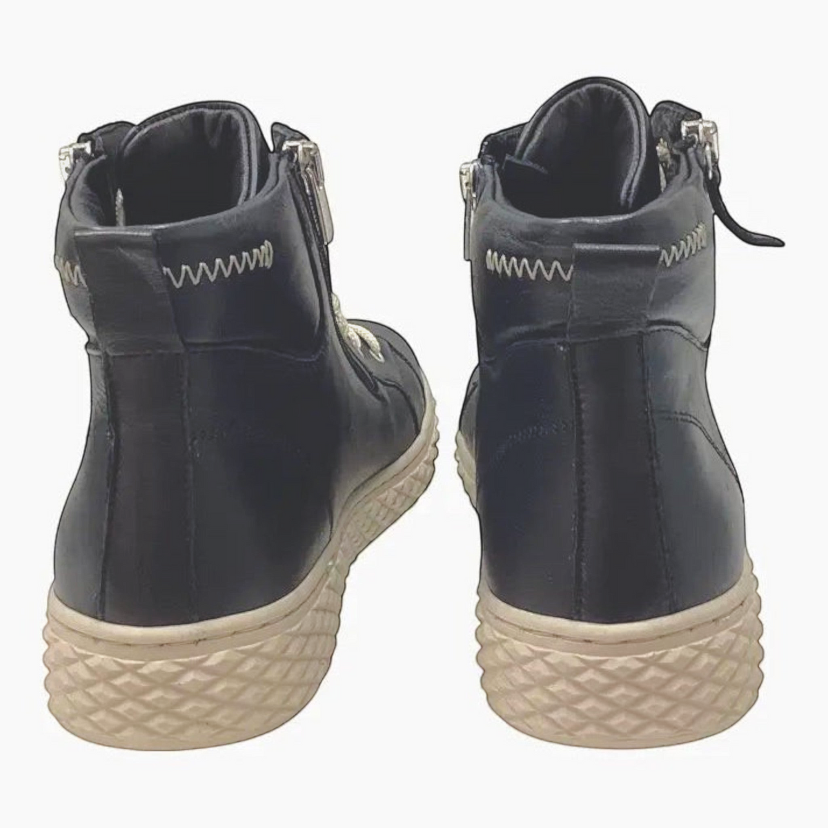 The Shoe Shop Una ankle boots in denim blue leather with quilted calf panels, side zips, and textured rubber soles.