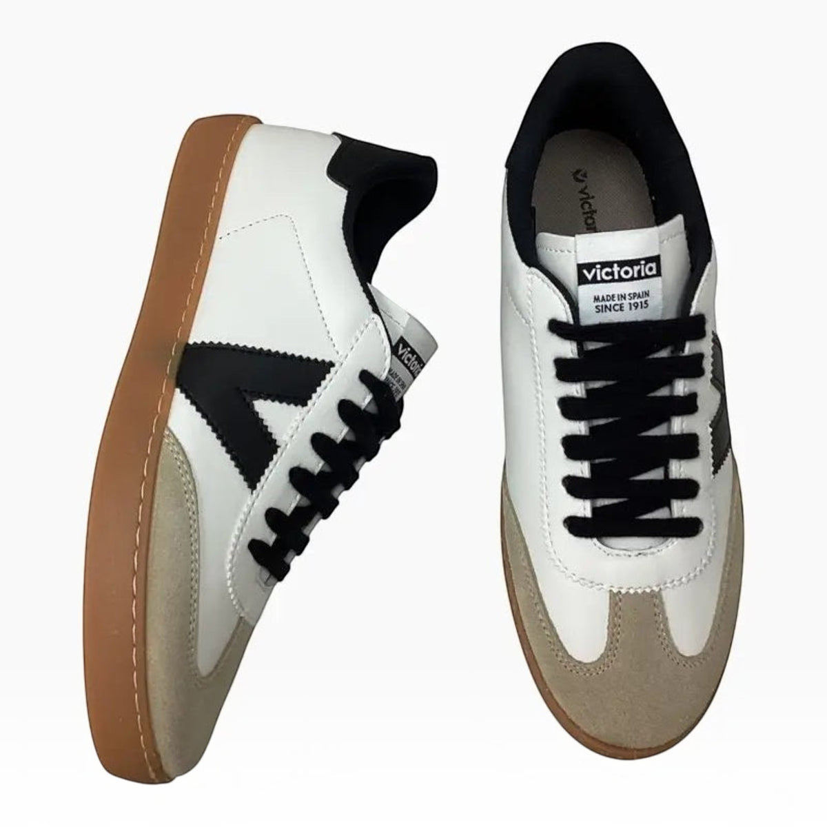 The Shoe Shop Victoria Berlin white leather and beige suede sneakers with black logo and gum rubber soles
